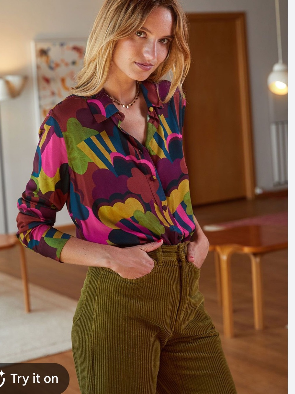 Soi Paris Womens Multicolor Retro Print Button-Up Shirt